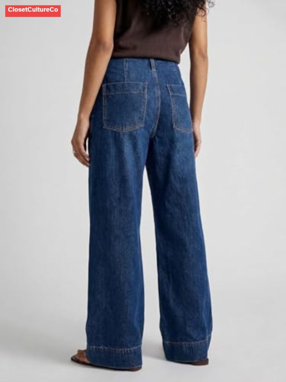 Women's Boyfriend Mid Rise Wide Leg Jeans Patch Pocket Denim Pants - Picture 2 of 3